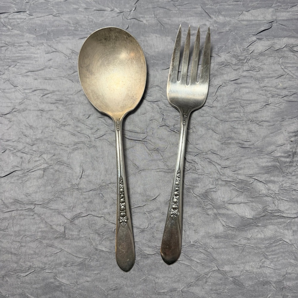 Wm Rogers & Son April 1950 Silverplate Serving Set Spoon and Fork 2pc IS